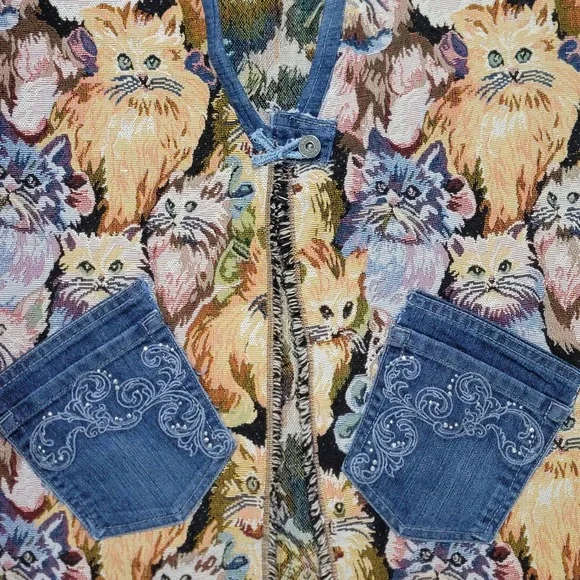 Handmade Cat Tapestry Vest Denim Trim Pockets Cottagecore Boho Upcycled - Picture 5 of 9